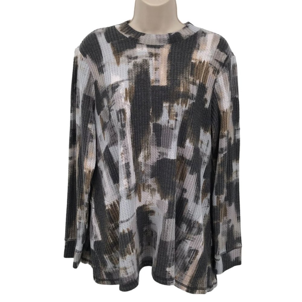 Logo Lounge Womens Brown Print Waffle Knit Mock Neck Long Sleeve Top Size M